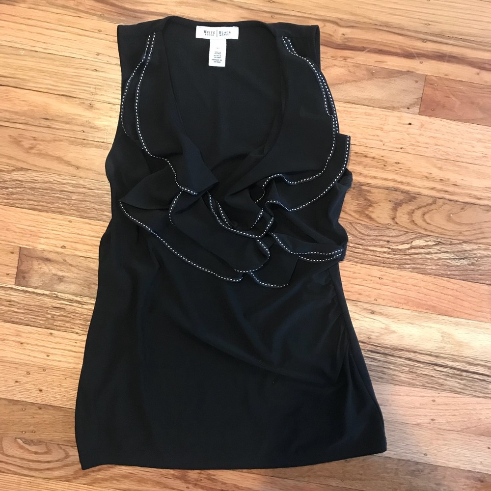 Black and white low v-neck ruffle blouse